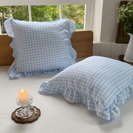 NSNLGSGC Light Blue Ruffled Plaid Gingham Pillow Shams 20"x20", Set of 2 Blue Checked Pre-Washed Microfiber Farmhouse Pillowcases for Bed/Sofa (20"x20", Light Blue Gingham)