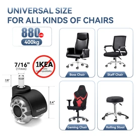 2 Inch Office Chair Wheels,Fits Most Chair, (There are Also Options Compatible with IKEA Chair),Stem 7/16-7/8, Set of 5,Replacement Rubber Caster Wheel, Transparent CPU, 880LB Capacity, Smooth Rolling
