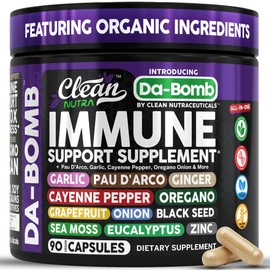 Organic Immune Support with PAU D'Arco Garlic Cayenne Pepper Oregano Ginger Grapefruit Onion Black Seed Sea Moss Black Pepper Zinc Eucalyptus Vitamin C Vitamin D Organic Soursop by Clean Nutra