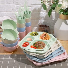 Weewooday 48 Pcs Wheat Straw Tableware Set for 8 Wheat Dinnerware Cutlery Include 8 Divided Dinner Plate 24 Spoon Knife Fork 8 Cup 8 Bowl Reusable Unbreakable Dishwasher for Kids Adult (Mixed Color)