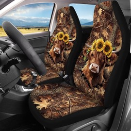 Wanyint Highland Cow Camo Hunting Forest Car Seat Protector Set for Men Women, Non-Slip Car Seat Covers for Front and Back Seats Universal Fit Most Cars SUV Vans