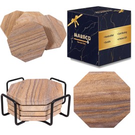 Marbco Sandstone Water Absorbent Hand Crafted Octagon Coasters with Holder for Drinks 4 Inches Wide Thirsty Stone Bar/Drink Coasters Made from Real Solid Stone (Set of 4)