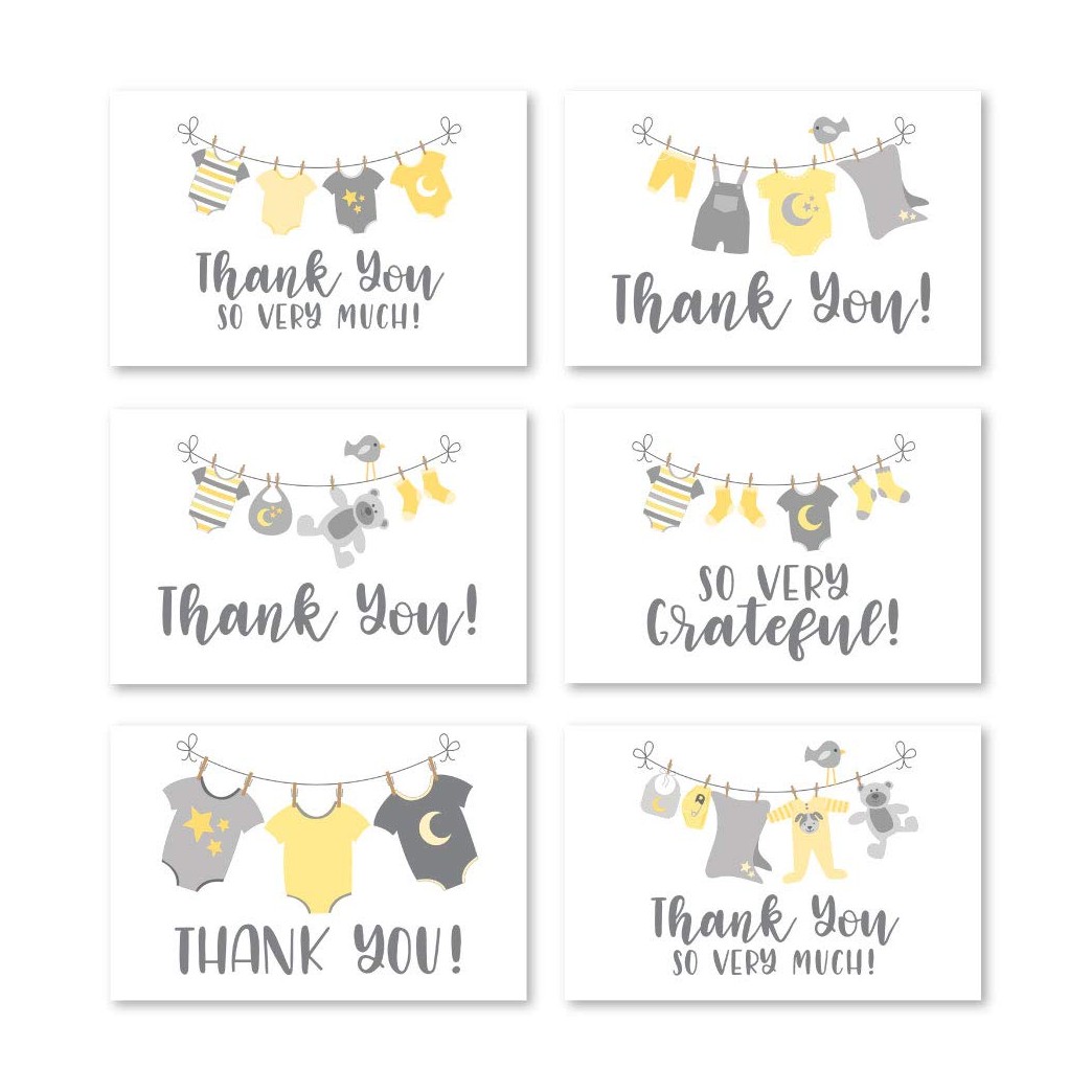 24 Clothesline Baby Shower Thank You Cards With Envelopes, Girl or Boy Sprinkle Thank-You Note, 4x6 Gratitude Card Gift For Guest Pack, Gender Neutral Reveal DIY So Grateful Varied Event Stationery
