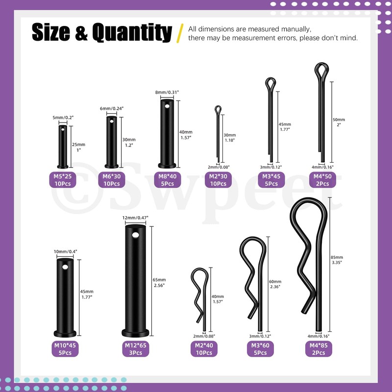 Swpeet 67Pcs 5 Sizes Clevis Pins with Cotter Pin Assortment