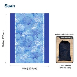 Sunlit Soft Sandproof Beach Blanket with Corner Pocket and Mesh Pocket for Beach, Party, Travel, Camping and Outdoor, 106 x 81 inch, Blue Shell