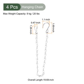YOKIVE 4 Pcs Hanging Chains, 304 Stainless Steel Extension Link with S Shaped Hook, Great for Flower Pot, Plant Basket, Lantern, Ornament (Silver, 19,7-Inch)