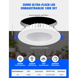 Shine Decor LED Recessed Spotlight, 230 V, 7 W, Ultra Flat, 26 mm, LED Ceiling Spotlights, Cool White, 6000 K, 600 LM, IP44 Waterproof for Bathroom, Kitchen, Living Room, Cut-Out Diameter 68-80 mm,