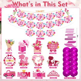 Happy Mother's Day Decorations Banner and Hanging Swirls,Pink Flower Mothers Day Decorations for Mom Home Wall Room Photo Props Photography Mother's Party Favors Gift
