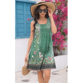 Disamer Sun Dresses for Women 2025 Vacation Pleated Summer Dress Trendy Spring Beach Coverups Sleeveless Tank Tshirt Sundress,Floral Green,Large