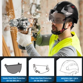 UM ULTRAMAXX Safety Helmet with Build-in Visor, Hard Hat with Vented Design, ANSI Z89.1 Certified, Ideal for Industrial and Construction (Black)