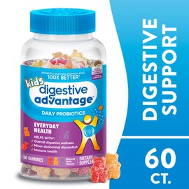 Digestive Advantage Kids Natural Fruit Flavors Probiotic Gummies for Kids Occassional Bloating, Minor Abdominal Discomfort & Gut Health, 60 Count Gummies (2 Pack)