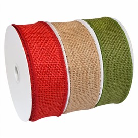 Morex Natural Burlap Wired Ribbon for Decorations, Holidays, Parties, Home and Outdoor Decor, 1.5" x 30 Yd, Natural/Green/Red