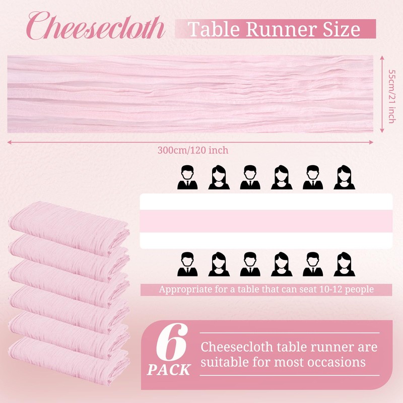 6 Pack Light Pink Cheesecloth Table Runner, 10Ft Boho Gauze