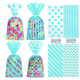 AWELL Blue Gift Wrap Cellophane Bags 5x10.6 inch for Treat Candy Cookie Party Favor Bags, Blue Dot Stripe and Chevron, 200 Counts