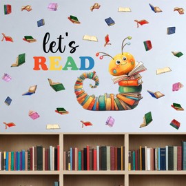 XUOIAYNB Colorful Book Caterpillar Wall Stickers, Let’s Read Classroom Vinyl Wall Decals, Removable School Reading DIY Wall Art for Kindergarten Preschool Library Decor