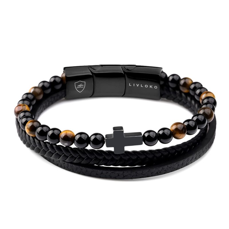 LIVLOKO Mens Bracelet Leather Black Multi-Layer Tiger-Eye Beaded Bracelet for