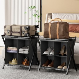 Huhote Luggage Rack for Guest Room, Set of 2, Folding Suitcase Stand with Fabric Storage Shelf, Luggage Holder, Steel Foldable Luggage Stand for Guest Room, Bedroom, Hotel, Black