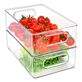 Herrfilk Fridge Organiser, Set of 2, Transparent, Stackable Storage Box with Handle, Tidy Fridge Organiser Set, Fridge Box Set for Kitchens, Kitchen Cabinets, Cupboards, BPA-Free, Medium