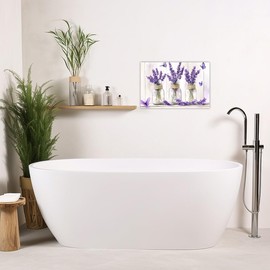 AWPANERAR Lavender Pictures Bathroom Wall Decor Purple Floral with Butterfly Canvas Prints Flower in a Vase Poster Rustic Farmhouse Kitchen Decor Framed (White, (12L x 18W))