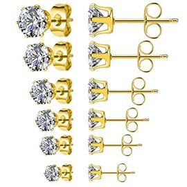 5 Pairs Set Stainless Steel Stud Earrings Minimalist Cubic Zirconia CZ/Ball Earrings Studs Set for Men Women 3MM-8MM - Gold