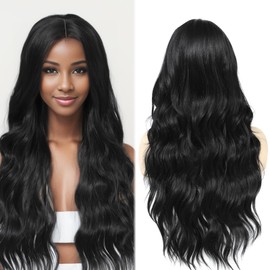 Yamel Long Black Wig Synthetic Natural Long Hair Wig 26 Inch Adjustable Curly Wavy Middle Part Lace Front Wigs for Women