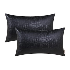 BRAWARM Faux Leather Pillow Covers 12 X 20 Inches, Black Leather Pillow Covers Pack of 2, Crocodile Leather Decorative Lumbar Throw Pillows for Living Room Couch Bed Sofa Home