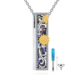 YFN 925 Sterling Silver Sunflower Filigree Bar Cremation Urn Necklace - Memorial Keepsake for Ashes - Elegant Sympathy Jewelry (sunflower)