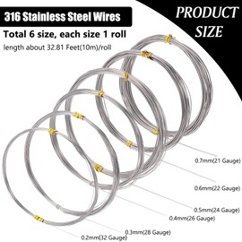 BENECREAT 60 m x 0.3 ~ 0.8 mm 316 Stainless Steel Wire, 6 Rolls Round Loop Wire for DIY Manuals, Arts and Crafts, Carving, Jewellery Making