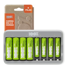 100%PeakPower Cargador de Pilas Recargables AA y AAA con 8 Ranuras, Puerto USB, Carga Rápida 2 a 6h, Apagado Automático y Protección contra Sobrecarga – Incluye 8 Pilas Precargadas