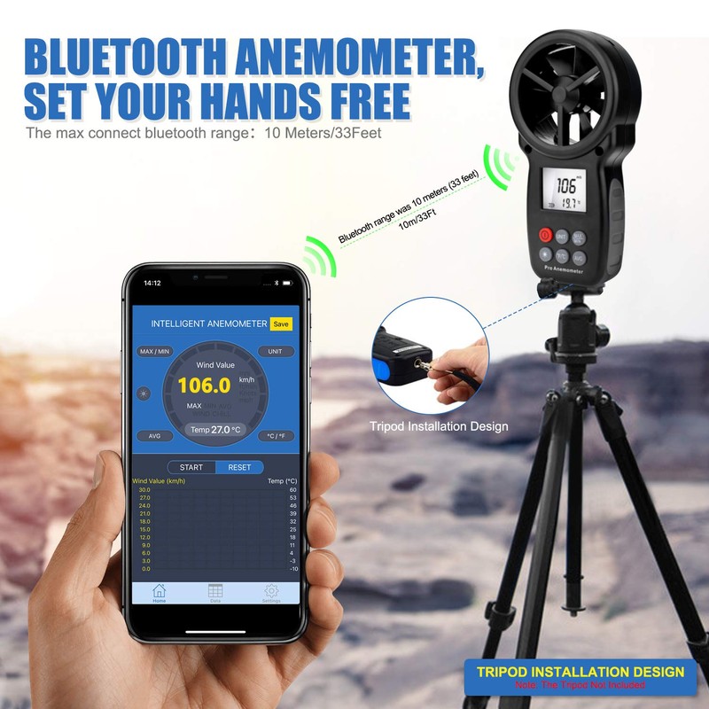 Digital Bluetooth Anemometer Handheld, AP-007-APP Wireless Anemometer Wind Speed Meter