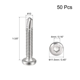 uxcell Hex Socket Self Tapping Screws, #10 x 1-3/8" 410 Stainless Steel Sheet Metal Flat Head Drilling Screw 50pcs, Silver
