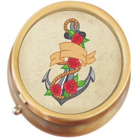 Anchor and Flowers Brass Round Pill Box