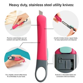 PLUS Orante Utility Knife Set, Vibrant Colored Handles with Stainless Steel Blades, 3-Pack, Pink