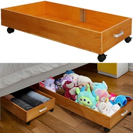 2-Pack Solid Wood Under Bed Storage with Wheels, Underbed Drawers Underneath with Handle - Wooden Crate Clothes Storage Containers Organizer (Light Brown) - Fits Any Size Bed