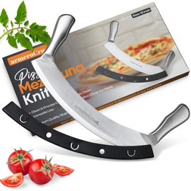 armeroCrust Mezzaluna Knife with Double Handle for Extra Stability - 12 Inches - Pizza Rocker for Precise Slicing of Thick Crust - Grade 18/0 Stainless Steel with Premium Finish