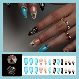 24 Pcs Press on Nails Short Almond Nail Tips,YEFIUO Blue Fake Nails Press ons Brown French Glue on Nails Acrylic Nail Art Kit Full Cover False Nails with Nail Charms Glitter Design for Ma'am Beginners