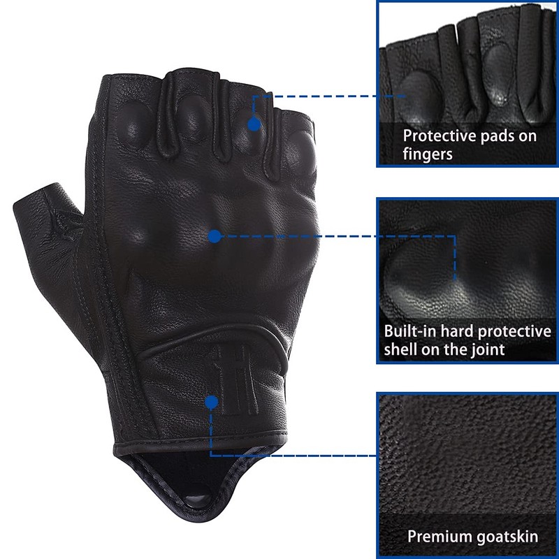 Harssidanzar Mens Gloves Half Finger Goatskin Leather Motorcycle Gloves GM037UK,Black,Size
