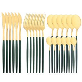 Snplowum - Juego de cubiertos con espejo, 24 piezas, cubiertos de acero inoxidable 18/0 con mango verde, vajilla simple y moderna para fiestas en casa, restaurante, cena de Navidad, servicio para 6 (oro verde)