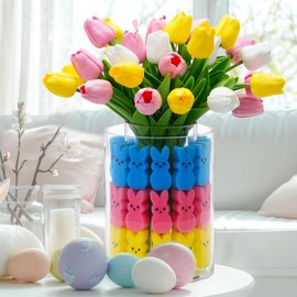 GOOLAMA Easter Bunny Table Decorations - Easter Peeps Decor - Artificial Tulips with Bunnies Vase Filler Set, Happy Easter Rabbit Centerpieces Spring Home Decorations for Tables(Vase Not Included)