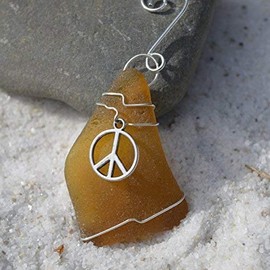 Custom Surf Tumbled Sea Glass Ornament with a Silver Peace Symbol Charm - Choose Your Color Sea Glass Frosted, Green, and Brown.