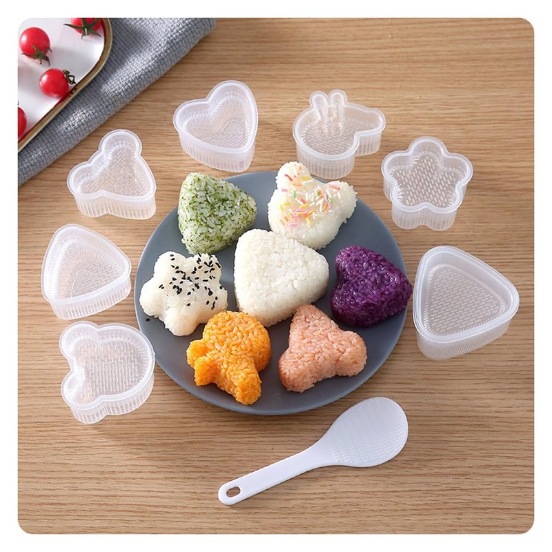 アイデアキャラクター形三角おにぎり型家庭用子どもごはん弁当型DIY海苔寿司型おにぎり型 キッチン弁当利用品 10点セット エンボス加工＋おにぎり7個＋シェイカー＋ライススプーン (10pcs)