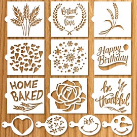 Plantillas de pan artesanales para masa madre, pasteles, pasteles y galletas, decorar con tu propio diseño único, juego de plantillas para hornear incluido Clásico de trigo, corazones y más, 4