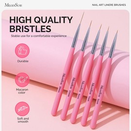 MelodySusie Nail Art Liner Brushes 5Pcs Professional Gel Polish Painting Art Design Pen Set for Thin Long Lines, Tiny Details, Fine Drawing, Delicate Coloring Sizes 5/7/9/11/20mm