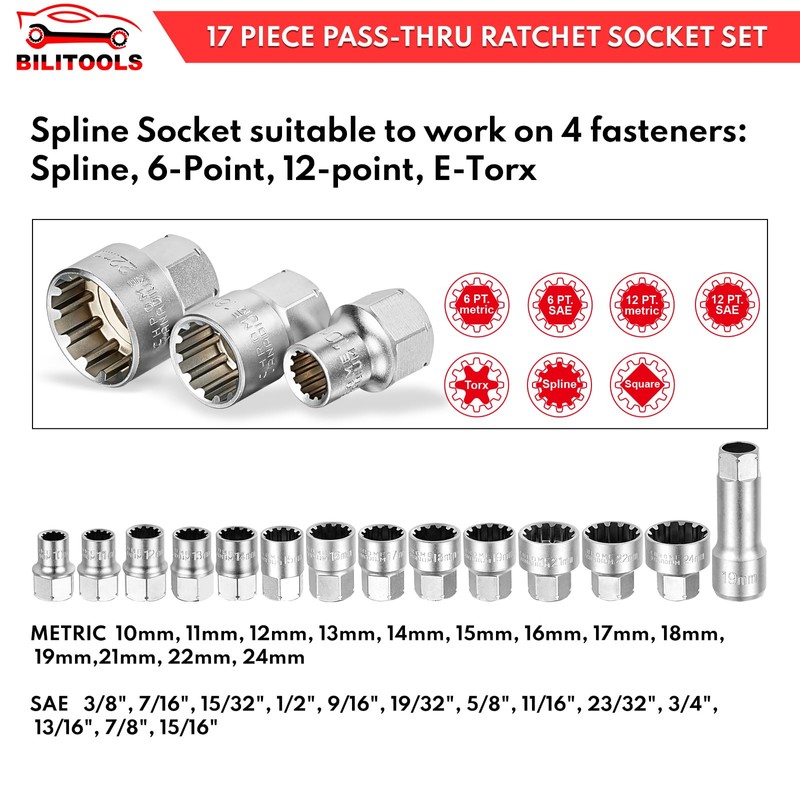 BILITOOLS 17-Piece Pass Through Socket Set, 3/8" & 1/2" Drive