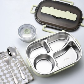 Lunchbox aus 304 Edelstahl,Lunchbox mit 4 Fächern,mit Gabel und Löffel,mit Dessertbecher,1500-ml-Bento-Lunchbox,Brotdose,Warmhaltebox für Essen,Frühstücksbox,zum Wandern/Reisen/Schule/Büro (Grün)