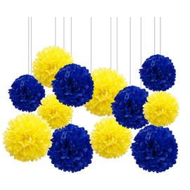 XIKSXITN 12 pc Blue Yellow Tissue Paper Pom poms-Hanging Paper Pom Poms Paper Flowers Ball for Party Decorative(8&10&12 inch)