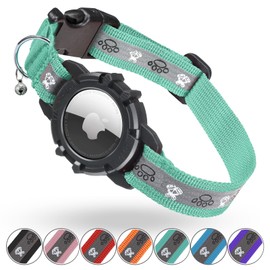Reflective AirTag Cat Collar, Integrated Cat Tracker Collar with Air Tag Holder and Bell, Safety Elastic Band Cat GPS Collars for Girl Boy Cats, Kittens and Puppies (Green, XS)