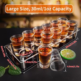 INFTYLE Acrylic Shot Glass Tray Holder with 12 Shot Glasses 1oz Thick Base Bar Shot Glasses Organizer Wine Glass Cup Serving Tray Display Easy Assembly Clear Shot Glass Rack for Party Weddings Gifts