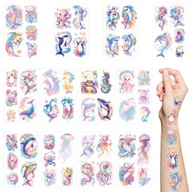 12 Blätter unter dem Meer Kreatur temporäre Tattoos, Glitter rosa Ozean Tiere themed Tattoo Aufkleber für Mädchen, wasserdicht gefälschte Tattoos für Geburtstag Party Dekorationen Bevorzugungen liefer
