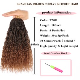 Xtrend 10 Inch Pre Looped Micro Curly Crochet Hair 8 Packs Ombre Brown Brazilian Braids Curly Crochet Hair Extensions Water Wave Synthetic Deep Wave Crochet Hair For Black Women(30Strands/Pack，T30#)